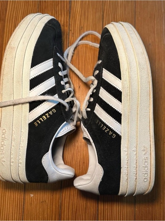 adidas Gazelle Black & White Suede Sneakers with Gold Accents - Picture 2 of 8